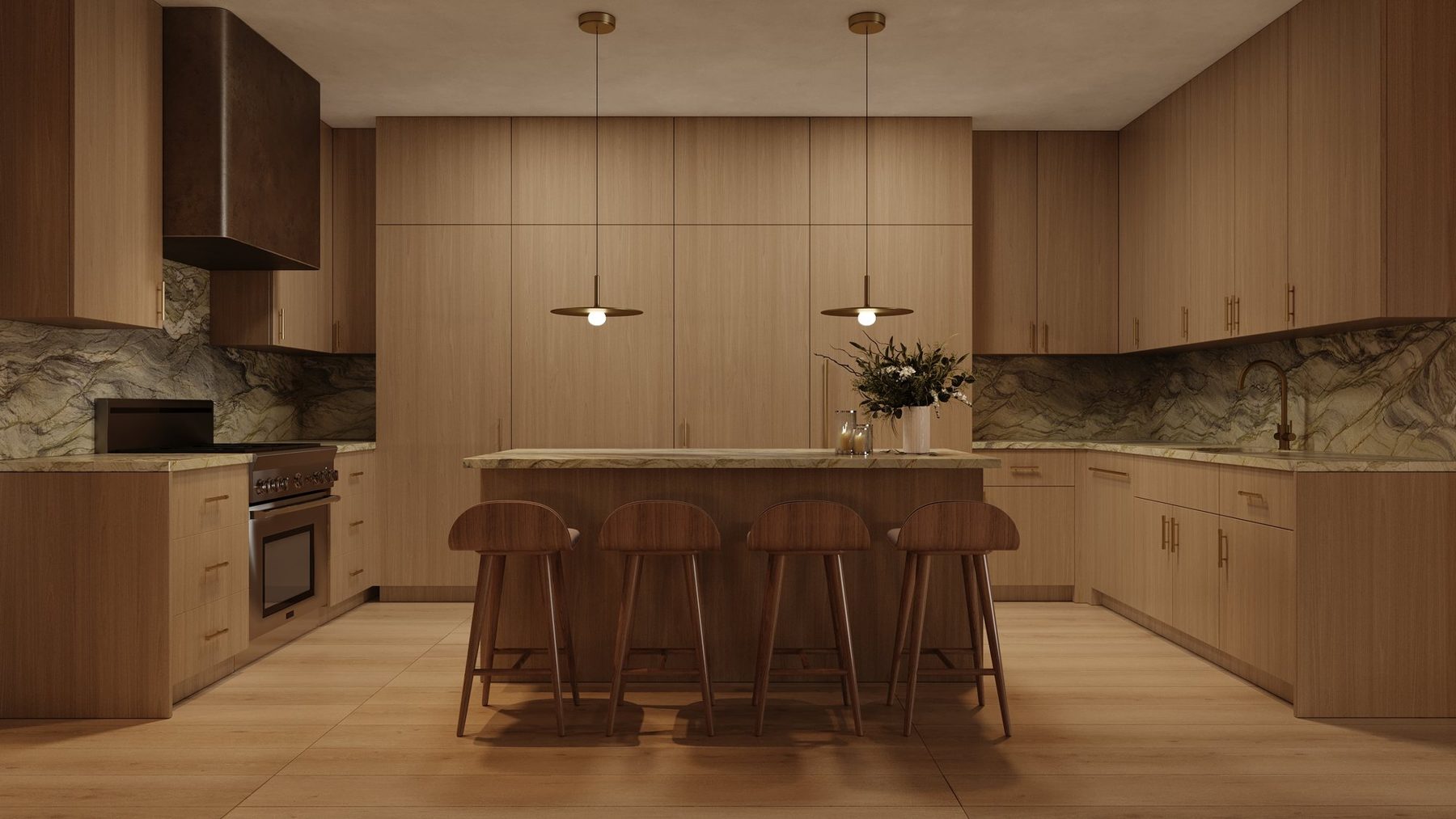 351 West Broadway: render of a warm kitchen with full-height wood-veneer cabinetry, Verde green stone worktops and splashback, brass pendants and an island seating four